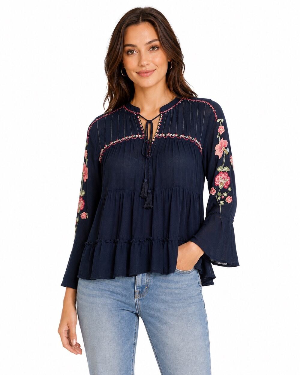 W for Woman Size 14 Navy Floral Embroidered Boho Peasant Blouse Bell Sleeve Top